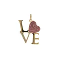 Detailed close-up of 24K gold plated LOVE heart pendant with purple zircon pavé setting - Gold