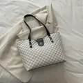 Minimalist large capacity tote bag with black M monogram pattern and black leather straps - White