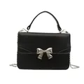 Minimalistische schwarze PU-Leder Umhängetasche mit eleganter silberner Schleife - Schwarz