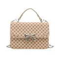 Chic beige crossbody square bag with vintage brown clover prints and bow clasp - Monogram Khaki