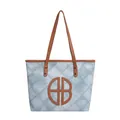 Blue denim texture tote bag with quilted stitching and brown leather shoulder straps - Light Blue