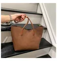 Brown litchi texture leather tote bag with long handles for daily commuting and work - Brown No Pendant