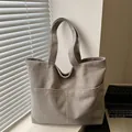 Borsa tote retrò in velluto a coste grigio con grande capacità e tasca frontale - Grigio