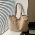 Borsa tote retrò in velluto a coste beige a righe con doppie tasche anteriori e grande capienza - Cachi