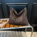 Deep brown matte suede tote bag with elegant silver chain and long leather shoulder strap - Brown