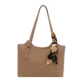 Minimalist light khaki tote bag with a patterned silk scarf and adjustable shoulder strap - Khaki
