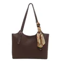 Deep brown faux leather tote bag with adjustable straps and decorative printed scarf - Brown