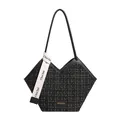 Black tweed tote bag with gold thread detail and unique V-shaped opening for women - Black