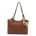Brown faux leather tote bag with printed silk scarf handle detail and metal buckle - Brown