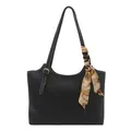 Large black matte leather tote bag with white contrast stitching and a silk scarf accent - Black