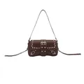 Deep brown punk style underarm bag with silver studs and decorative buckle strap - Brown