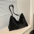 Grote zwarte suede tote bag met luipaardprint, hobo stijl schoudertas voor dames - Zwart