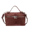 Minimalist brown suede box-style handbag with heart-shaped zippers and crossbody strap - Coffee