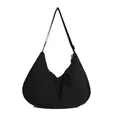 Large black nylon crescent dumpling bag with pleated detail and adjustable strap - Black