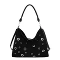 Vintage black rivet tote bag for women with silver eyelets and high-quality suede texture - No Pendant / Black
