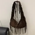 Bolso bandolera de ante marrón oscuro estilo bohemio con diseño de flecos largos - Talla única / Marrón