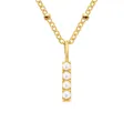 Gold vertical bar pendant necklace with four elegant white pearls on a beaded chain - Letter I - Gold