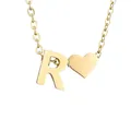 Gold stainless steel necklace with polished letter R and heart charms on a fine chain - Letter R / Gold