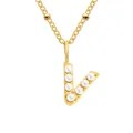 Elegant gold-plated V-letter necklace featuring seven luminous white pearls on a link chain - Letter V - Gold