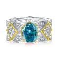 Vintage S925 silver ring with 2ct oval blue moissanite and two-tone hollow carvings - US Size 5 / Glacier Blue