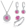 Nahaufnahme des S925 Sterlingsilber-Schmucksets mit rosa Edelsteinen und Diamantumrandung - Einstellbar Offen / Rosa