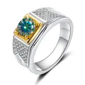 Macro shot of 925 sterling silver men's ring with square moissanite stone and side diamonds - Size 7 / Rainbow Moissanite