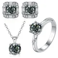 Detailed view of S925 sterling silver jewelry set featuring round cut moissanite stones - Gray