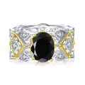 Vintage S925 silver ring with 2ct oval black moissanite and gold accents - US Size 5 / Black