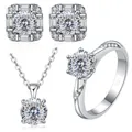 Detailed view of 925 sterling silver jewelry set featuring moissanite necklace and ring - White 100-Facet Cut