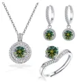Schmuckset aus 925er Sterlingsilber mit grünem Moissanit-Halskette Ohrringe und Ring - Einstellbar Offen / Dunkelgrün