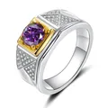 Men's 925 silver ring with round purple gemstone and gold accents on a wide band - Size 7 / Purplish Red Moissanite
