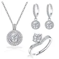 Schmuckset aus 925er Sterlingsilber mit Halo-Halskette, Ohrringen und Wellenring mit Moissanit - Einstellbar Offen / Weiß