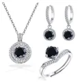 Schmuckset aus 925er Sterlingsilber mit schwarzen Edelsteinen, Halskette, Ohrringe und Ring - Einstellbar Offen / Schwarz