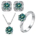 Conjunto de joyas de plata 925 con colgante de moissanita, pendientes y anillo lujoso - Talla 5 / Verde azulado