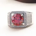 Luxury S925 sterling silver ring featuring a 5-carat round red moissanite stone in a halo setting - US 5 / Ruby Red