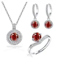 Schmuckset aus 925er Silber mit roten Steinen inklusive Halskette Ohrringen und Ring - Einstellbar Offen / Granatrot
