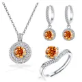 Schmuckset aus 925er Silber mit runden orangefarbenen Edelsteinen und Heiligenschein - Einstellbar Offen / Glücksrot