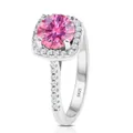Macro-opname van S925 sterling zilveren ring met een roze moissaniet in halo-zetting - Maat 5 / Vierpoot Halo Stijl (18-12-R-1CT)