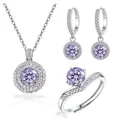 Schmuckset aus 925er Silber mit lila Moissanit-Halskette Ohrringen und Ring - Einstellbar Offen / Hellviolett