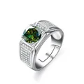 Men's S925 sterling silver ring with 1ct green moissanite and adjustable band - Dark Green / US Size 8