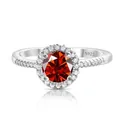 Classic S925 sterling silver ring with round red gemstone and halo diamonds - Red