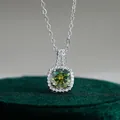 S925 sterling silver necklace featuring square halo pendant with a green moissanite stone - 1CT (6.5mm) / Dark Green