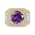 Luxurious gold ring for men featuring a purple round gemstone and pave-set diamonds - Size 15 / Gold-Magenta
