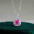 Halo pendant necklace with round pink moissanite in square S925 sterling silver setting - 1CT (6.5mm) / Multi-faceted Pink