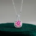 S925 silver necklace featuring a round pink moissanite pendant with halo setting - Pink