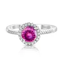 925 silver ring featuring a round pink moissanite stone in a halo setting with side diamonds - Multi-faceted Pink