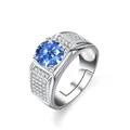 Men's S925 silver ring with 1ct round blue moissanite and pave accents on band - Sapphire Blue