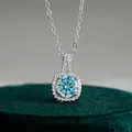 S925 sterling silver necklace with a 1-carat round blue moissanite in a halo setting - Original Blue