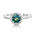 925 sterling silver halo ring featuring a round blue-green moissanite with pavé accents - Teal Blue