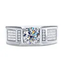 Classic 925 silver moissanite ring for men with wide band and sparkling side stones - Size 8 / White